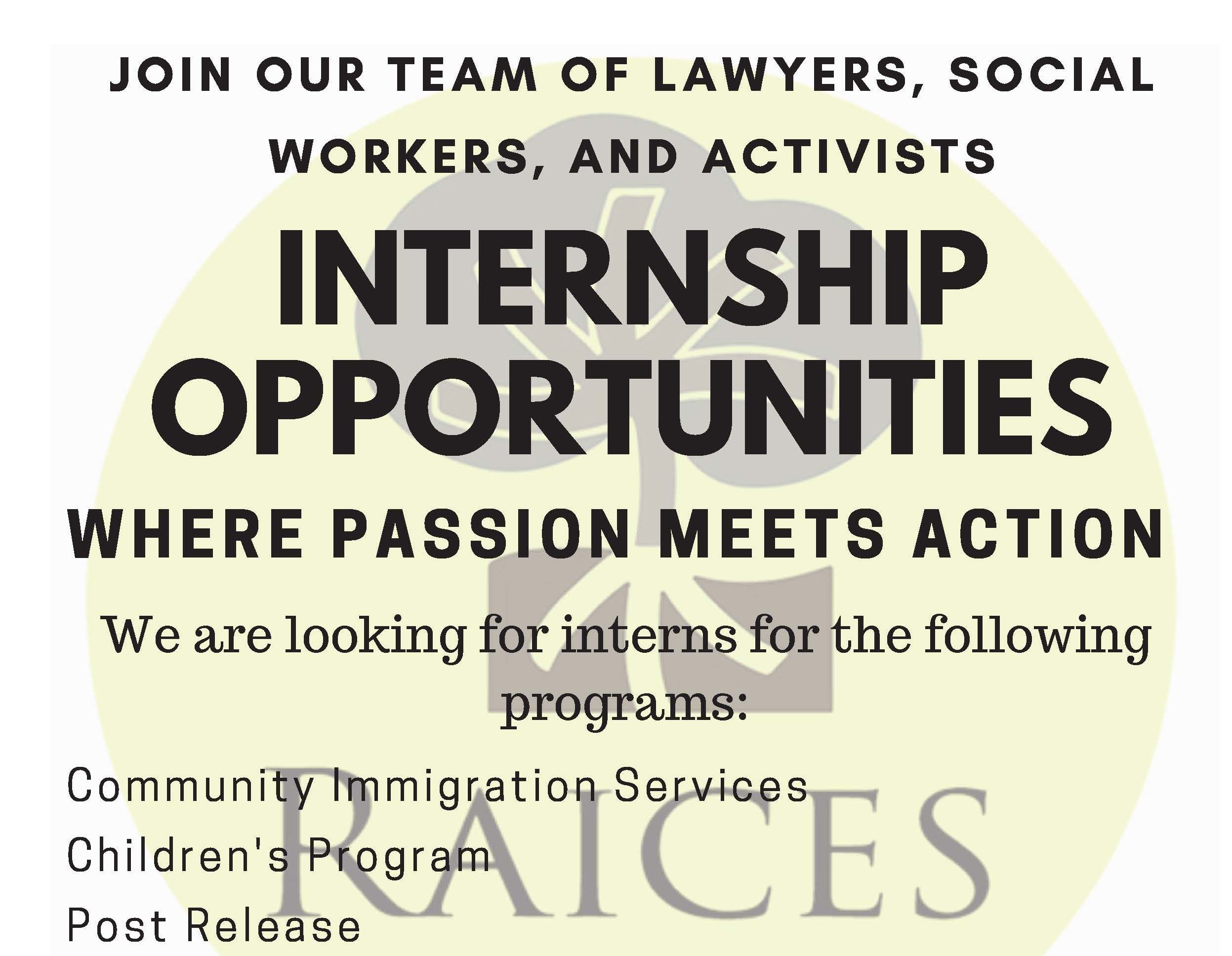 Internship application information for RAICES 2020.