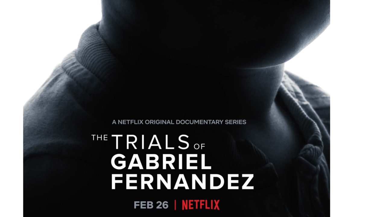 Netflix Movie poster Trials of Gabriel Fernandez dramatic ominous black and white photo child's neck in shadow